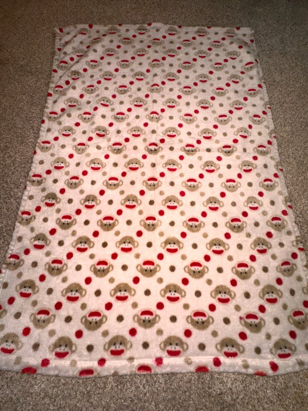 Baby Starters Fleece Sock Monkey Face blanket red brown Dots heads